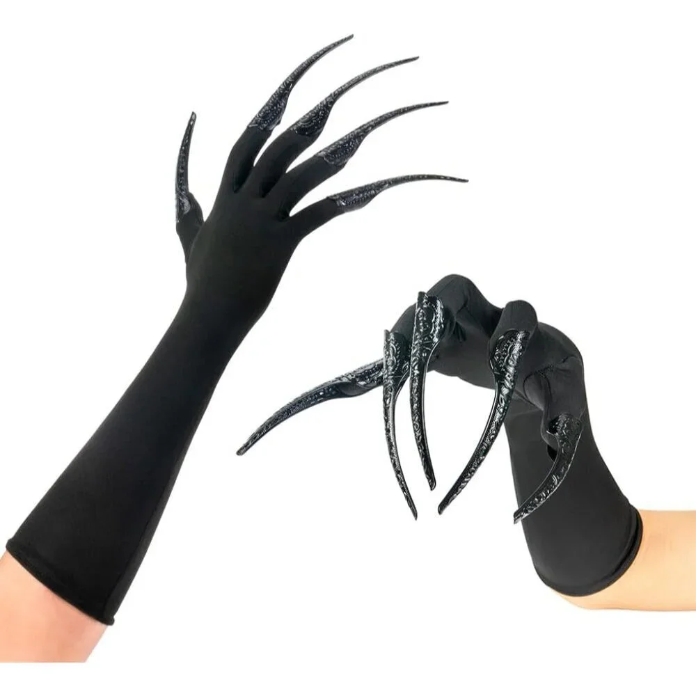 Black Faux Leather Claw Gloves with 10pcs Long Finger Claws Cosplay Halloween
